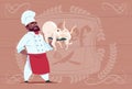 African American Chef Cook Hold Octopus Smiling Cartoon Restaurant Chief In White Uniform Over Wooden Textured