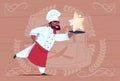 African American Chef Cook Hold Star Award Smiling Cartoon Restaurant Chief In White Uniform Over Wooden Textured