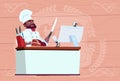 African American Chef Cook Making Video Blog Cookong At Computer Desk Streaming Cartoon Restaurant Chief In White