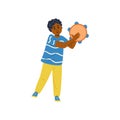 African american child hits the tambourine, flat vector illustration isolated.