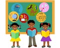 African-American children with books in their hands near board