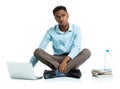 African american college student with laptop, books and bottle o