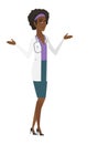 African-american confused doctor with spread arms.