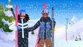 african american couple skiing tourists doing activities winter vacation concept snowfall landscape background