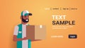 African american courier man holding cardboard parcel box express delivery service concept portrait horizontal copy Royalty Free Stock Photo