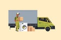 African american courier near delivery truck holding cardboard boxes packages washing machine domestic appliances store