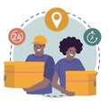 African American couriers holding cardboard boxes. Employees delivering orders to customers. Deliverers with parcel Royalty Free Stock Photo