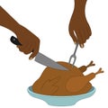 An African American cuts a holiday turkey. A kitchen knife in one hand, a chopping fork in the other. Colored vector illustration.