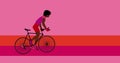 African American cyclist is riding bicycle on the pink background.Cartoon , flat design