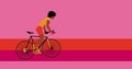 African American cyclist is riding bicycle on the pink background.Cartoon , flat design