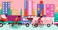 African American cyclists are riding bicycle on road with traffic jam in the city. Cartoon , flat design