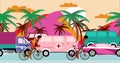 African American cyclists are riding bicycles past by traffic jam on the beach road with palms. Cartoon , flat design