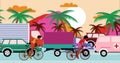 African American cyclists are riding bicycles past by traffic jam on the beach road with palms. Cartoon flat design