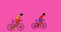 African American cyclists are riding bicycles on the pink background.Cartoon with alpha chanel, flat design