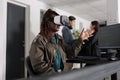 African american database admin working with virtual reality goggles