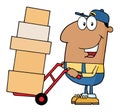 African American Delivery Man Cartoon Character Using A Dolly To Move Boxes Royalty Free Stock Photo