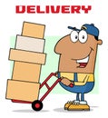 African American Delivery Man Cartoon Character Using A Dolly To Move Boxes Royalty Free Stock Photo