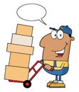 African American Delivery Man Cartoon Character Using A Dolly To Move Boxes With Speech Bubble