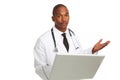 African-American doctor with laptop confused