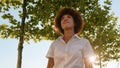 African American ethnic woman successful businesswoman business female walking outdoor walk happy on street in park Royalty Free Stock Photo