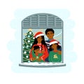 African american family at Christmas staying by the window together at home. Parents with kids. Cute vector illustration drawing Royalty Free Stock Photo