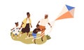 African-American family with kids fly kite together. Mom, dad, children during outdoor leisure, entertainment on summer