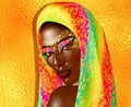 African American Fashion Beauty with head veil and glitter cosmetics