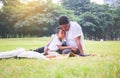 African american father and son having a picnic in the park, Happiness family concepts Royalty Free Stock Photo