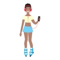 African american female college student listen music in headphones. Happy young girl roller-skating and listening to audio. Royalty Free Stock Photo