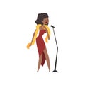 African American female jazz singer in red dress singing into microphone vector Illustration