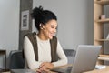 African American female student having video call videoconference on laptop. Royalty Free Stock Photo