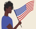 American with flag isolated as USA Independence Day concept, patriotic flat vector stock illustration with afro citizen