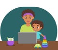 African american Freelancer Mother sits with her child and works at home on laptop. parenting and career. vector