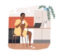 African american freelancer woman work from home vector flat illustration. Black skin female hold tea chatting or