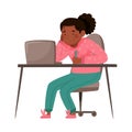 African American Girl as School or College Student at Desk in Front of Laptop Listening to Teacher Vector Illustration