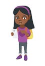 African girl with backpack pointing at cellphone. Royalty Free Stock Photo