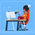 African American Girl Blogger Sit At Computer Streaming Video Blogs Earn Money Creator Popular Vlog Channel Royalty Free Stock Photo