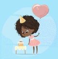 African American Girl Blowing Birthday Cake Candle. Baby Girl Character wearing Pink Dress Celebrate Birth Party Holding Royalty Free Stock Photo