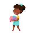 African American Girl Character Carrying Pile of Clothing Items as Sorted Garbage for Recycling Vector Illustration
