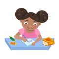 African American girl doing homework. Cute cartoon character. Vector illustration for posters, children book design.
