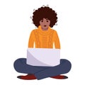 African American girl freelancer or student sits at a laptop. Isolated vector illustration