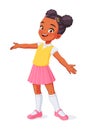 African American girl greeting with wide open arms. Cartoon vector illustration.