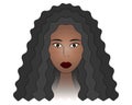 African American girl. Head of a lady with brown eyes. Colored vector illustration. Woman face with black hair. Long curls.