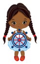 African American Girl Holding Steering Wheel. Vector Nautical Little Girl