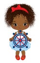 African American Girl Holding Steering Wheel. Vector Nautical Little Girl