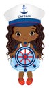 African American Girl Holding Steering Wheel.Vector Nautical Little Girl