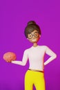 African American girl holds human brain in hand 3d rendering. Creative idea Artificial intelligence Mental health