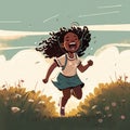 An African American girl laughing out loud while running in a sunspeckled meadow her long braids flying behind her as if