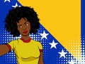 african american girl makes selfie in front of national flag Bosnia and Herzegovina in pop art style illustration. Element of spor