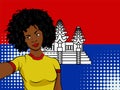 african american girl makes selfie in front of national flag Cambodia in pop art style illustration. Element of sport fan illustra